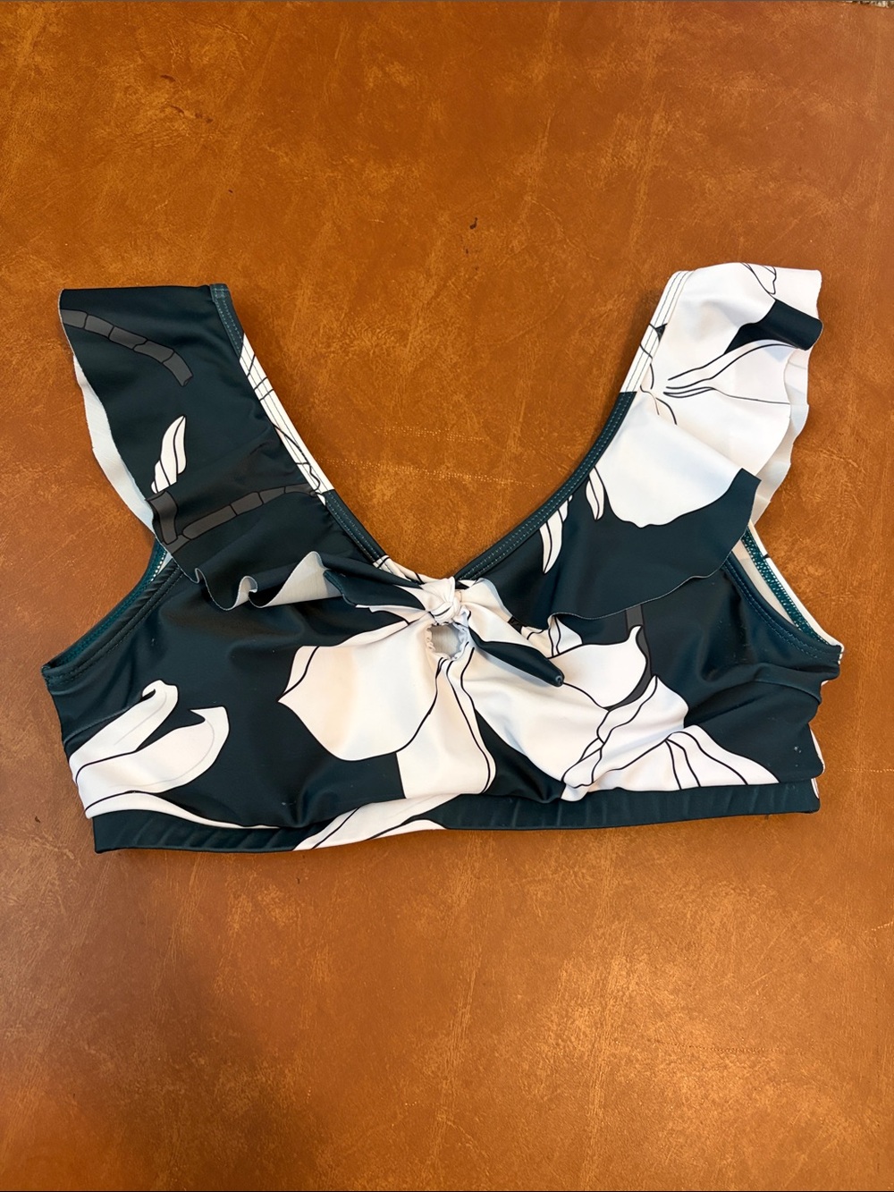 Women’s Floral Knot-Front Swim Top in Dark Teal and White
